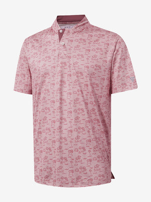 3D view of pink beach palm stretch printed collarless henley golf shirts.