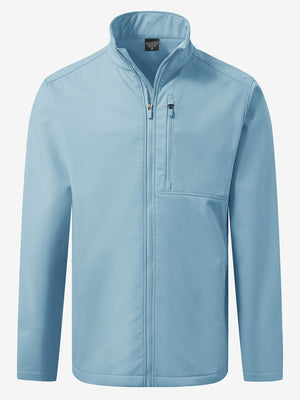 Winter thermal outdoor water resistant fleece jacket in misty blue, front 3D view highlighting clean structure and fabric