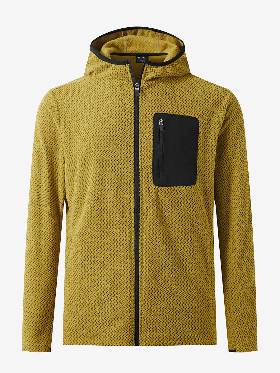3D front view of full zip fleece hoodied jacket in yellow, showing soft texture and sleek cut.