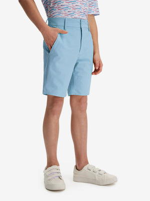 Front lower body in sky blue boys lightweight dry fit flat front golf shorts