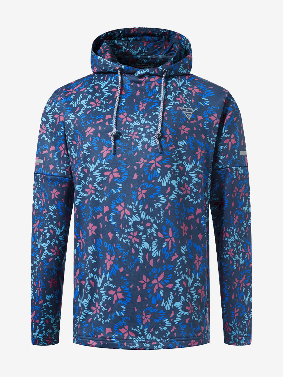 Front 3D view of youth full print hoodies pullover showing detailed fabric and fit, navy colorful flower.