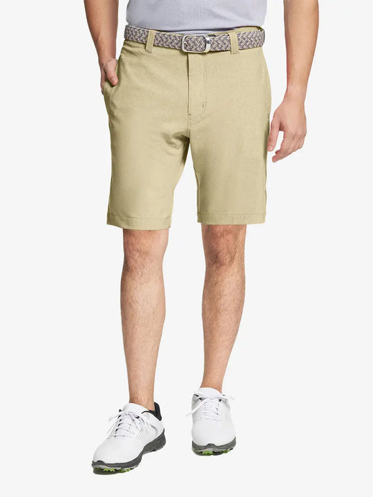 KHAKI 9 Inch Heather Performance Golf Shorts with front view, model's lower body and side pockets visible