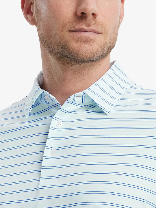 Light Blue Cobalt Stripe Performance Stripe Golf Shirt – close-up front from model’s nose to chest