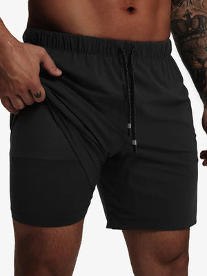 Front lower-body view from waist to knees showing stretch of BLACK 2 in 1 Running Sports Shorts with Liner