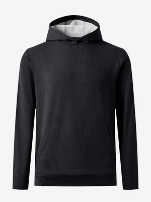 Front 3D view of warm fleece golf hoodies pullover in  black, showing full garment design.