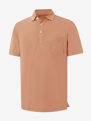 3D render of the orange adobe heather comfy cotton blend polo shirt with pocket, displaying the garment structure and design clearly