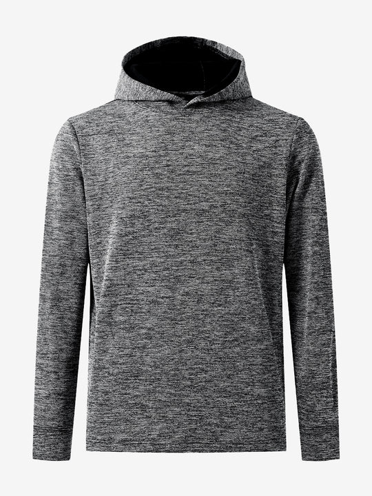 3D front image of texture solid hoodies pullover highlighting simple design and smooth fabric, black heather.