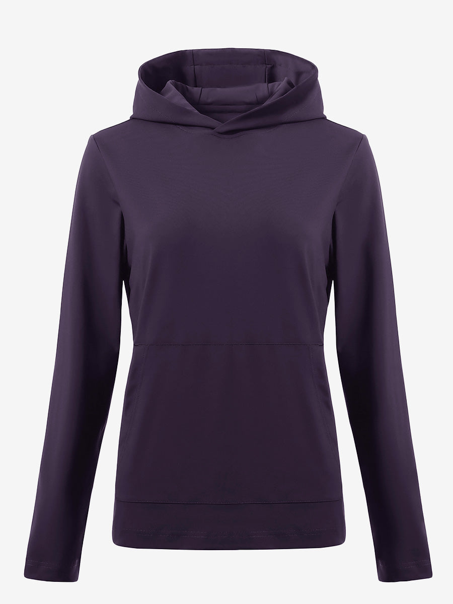 3D front view of women's lightweight hoodies pullover in dark purple, showing clean and sporty look.