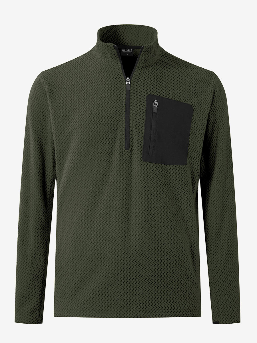 3D front view of midweight warm stretchy quarter zip pullover in forest green, simple and sleek look.
