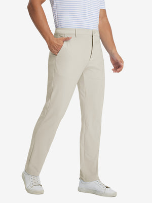 Soft lightweight casual golf pants with 5 pockets in cream, front lower-body view with relaxed fit.