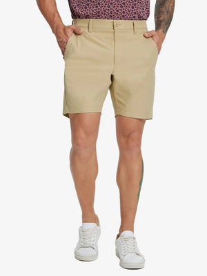 Front lower-body view of model wearing KHAKI Water Resistant Versatile 8 Pockets Shorts.