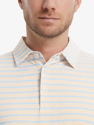 Orange Blue Stripe Performance Stripe Golf Shirt – close-up front from model’s nose to chest