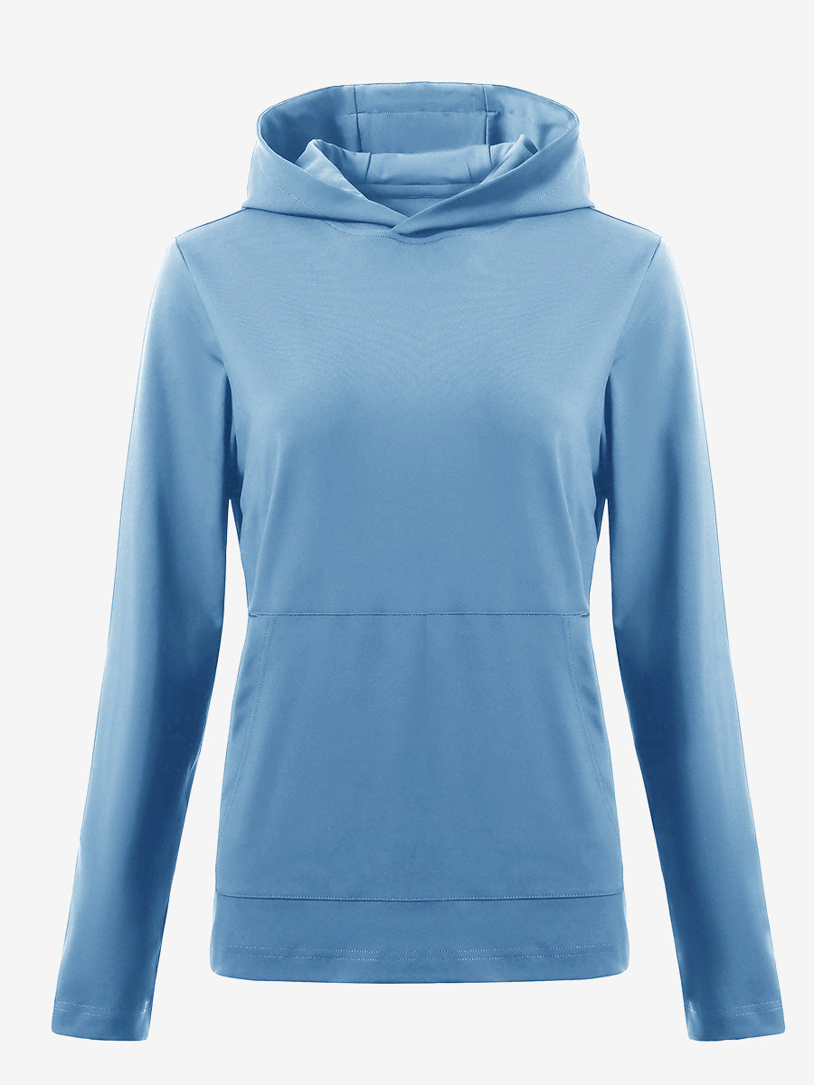 3D front view of women's lightweight hoodies pullover in misty blue, showing clean and sporty look.