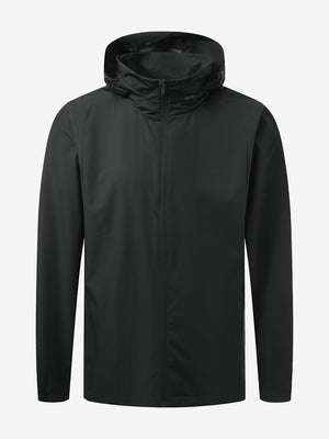 Lightweight water-repellent softshell hooded jacket in black, clean 3D front view highlighting sleek outdoor design.