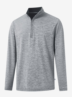 Heather Pinstripe Brushed Dry Fit Quarter Zip Pullover in black heather, front chest detail showing brushed fabric and pinstripe texture
