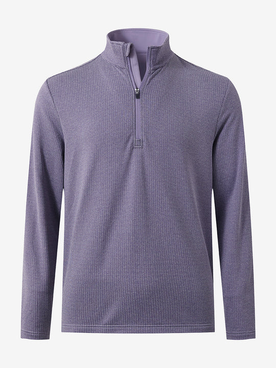 Front 3D view of casual fleece lined quarter zip pullover in purple, showing clean athletic fit.