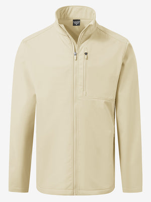 Winter thermal outdoor water resistant fleece jacket in light khaki, front 3D view highlighting clean structure and fabric