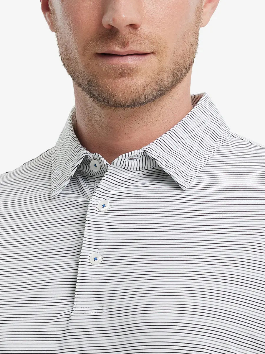 Dark Grey Neutral Grey Performance Stripe Golf Shirt – model front close-up from nose to chest