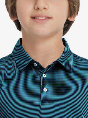Front view of youth wearing turquoise stripe performance cooling polo, showing collar and chest fit