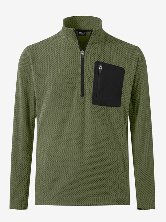 3D front view of midweight warm stretchy quarter zip pullover in green, simple and sleek look.