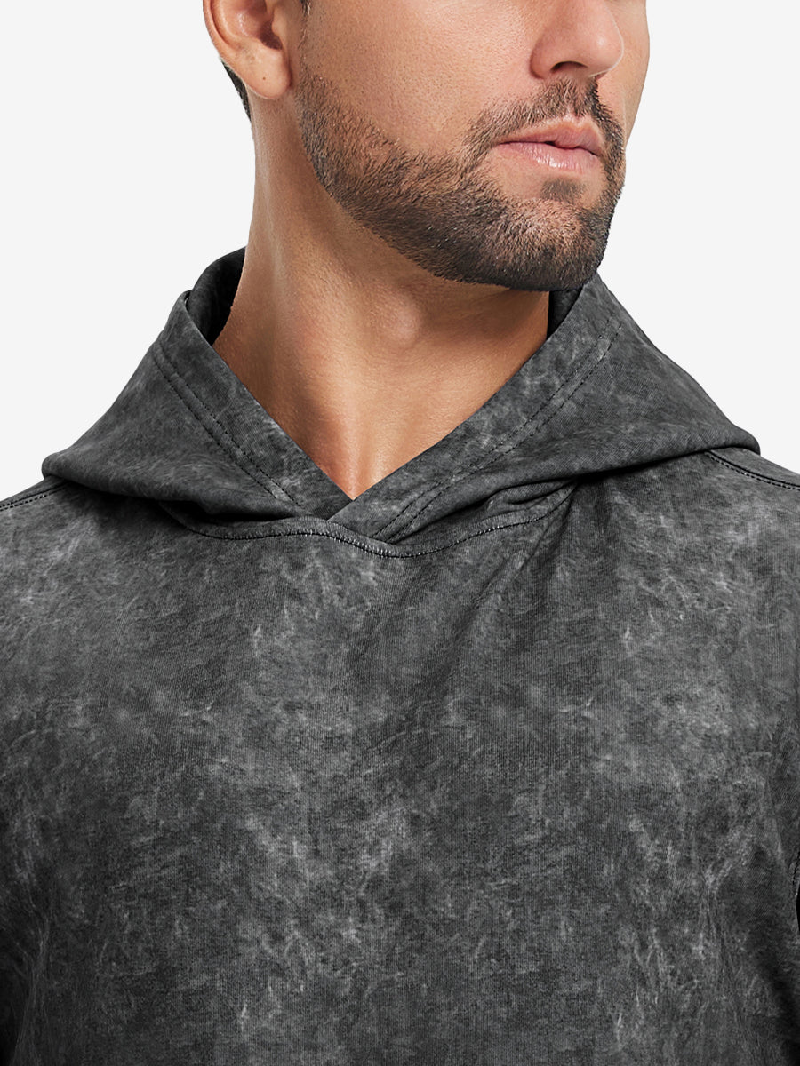 Close-up of neckline and drawstring area of the exclusive print kangaroo hoodies in black.