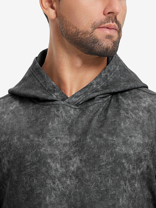 Close-up of neckline and drawstring area of the exclusive print kangaroo hoodies in black.