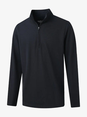 3D view of BLACK Premium Jacquard Quarter Zip Pullover showcasing texture and fit.								
