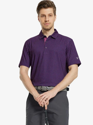 MAELREG Men's Performance Jersey Print Polo in Black Purple Flower – front half-body with golf pose