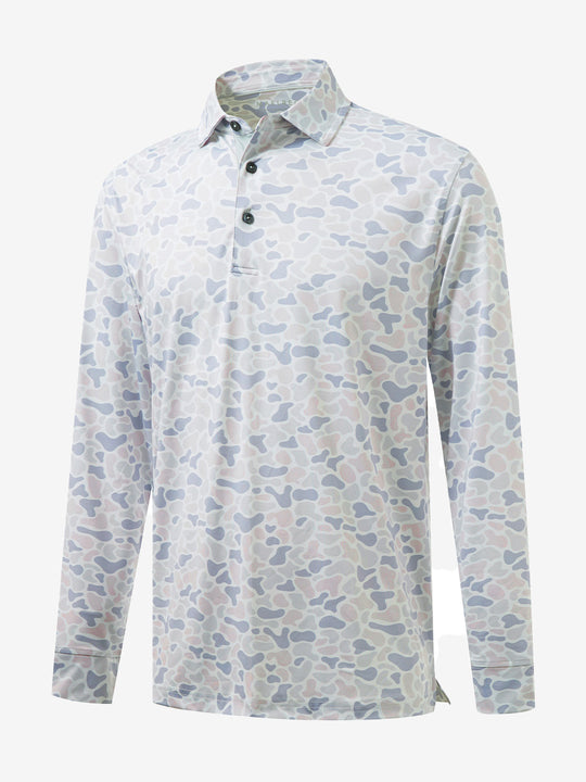 3D front view of the lightweight print long sleeve polo in brown & gray camo, modern and athletic design.
