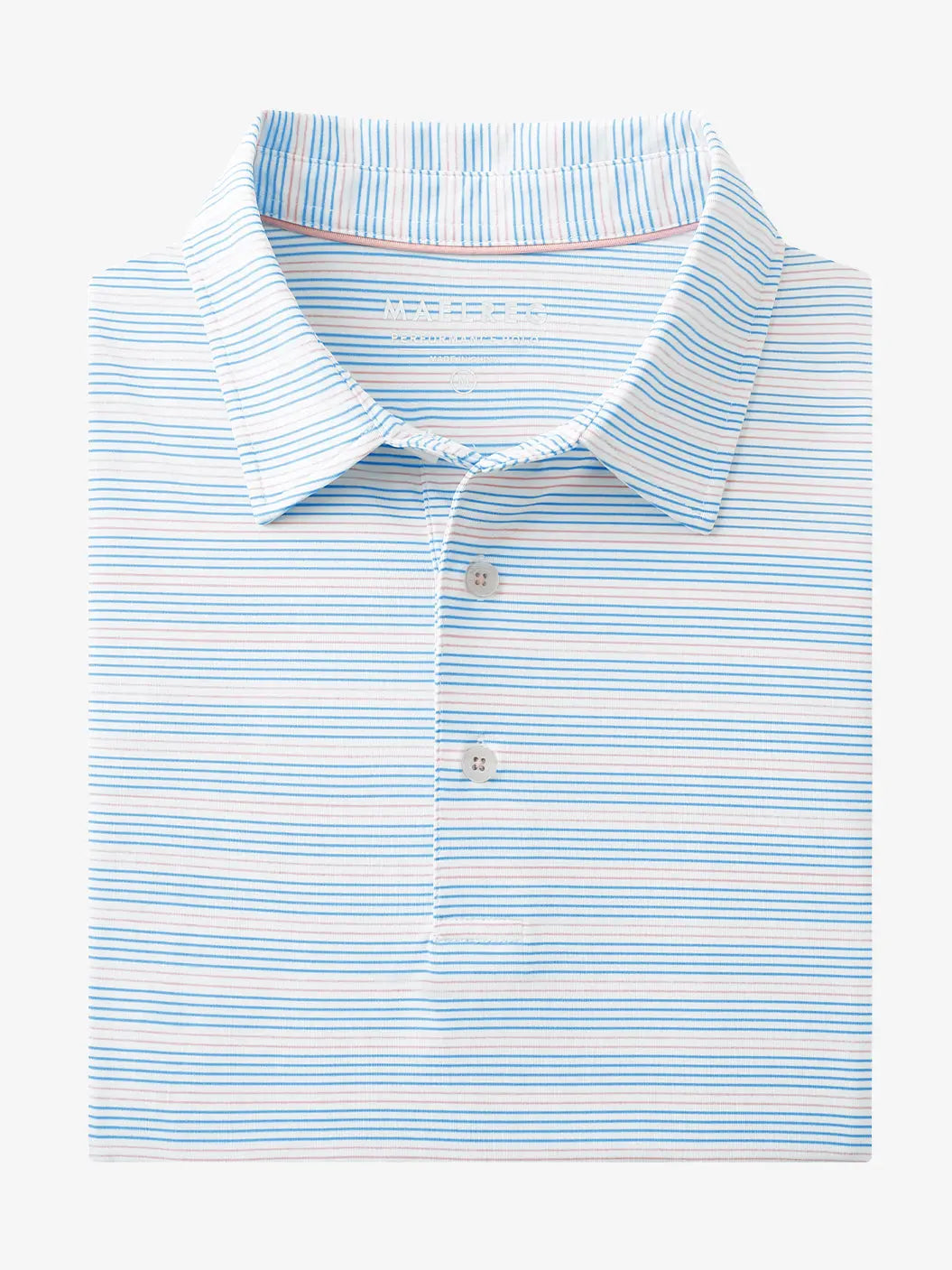 Folded Blue Pink Stripe Performance Stripe Golf Shirt shown flat
