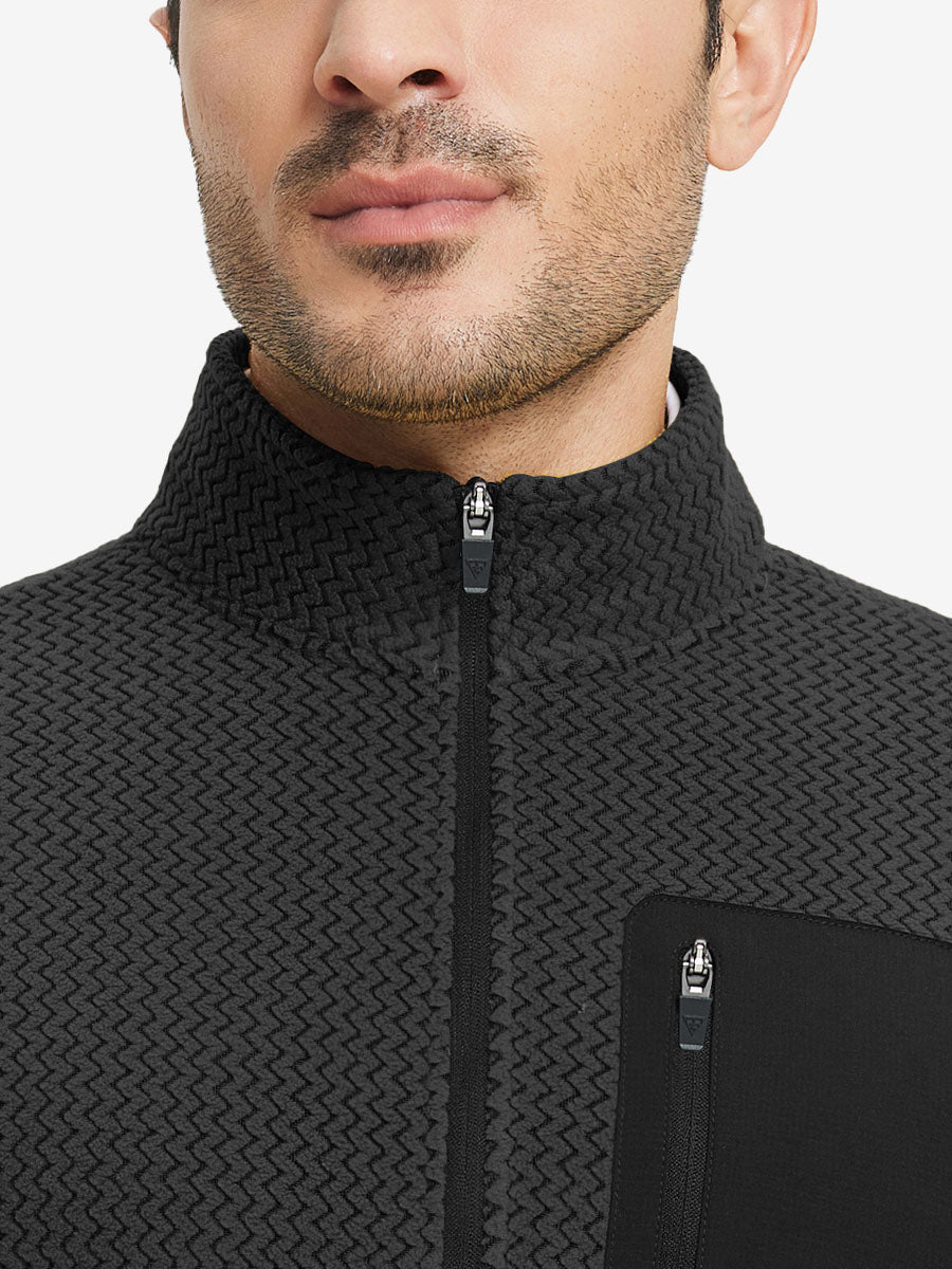 Close-up from nose to chest, showing collar detail of midweight warm stretchy quarter zip pullover in black.