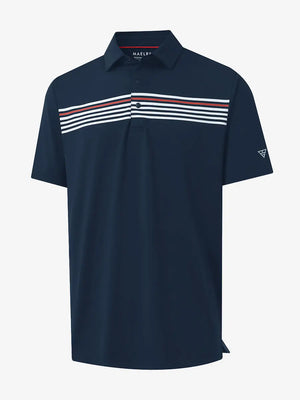 3D view of NAVY Stylish Chest Print Snap Polo showing design and fit