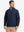 Model wearing lightweight water-resistant outerwear jacket, navy, front upper body view