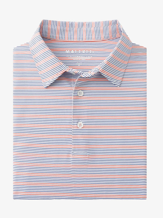 Folded Navy Red Stripe Performance Stripe Golf Shirt displayed flat