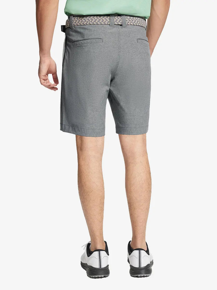 LIGHT GREY 9 Inch Heather Performance Golf Shorts back view, model's lower body with hands in pockets
