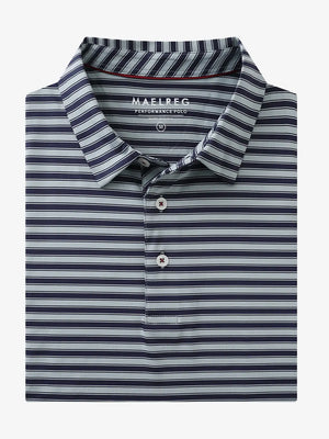 3D mockup of the Navy Grey Yarn Dyed Stripe Polo showing textured stripe design