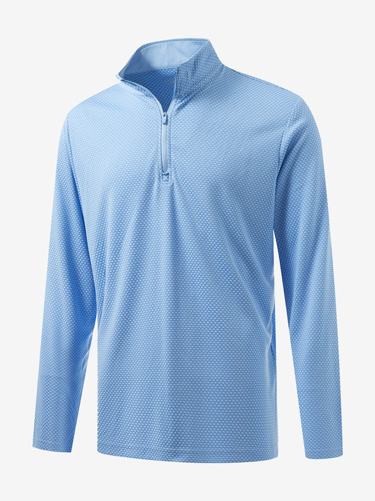 Front 3D view of jacquard quarter zip pullover in light blue, showing its textured fabric design.