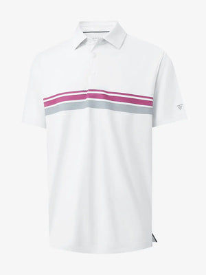 3D view of WHITE Stylish Chest Print Snap Polo showing design and fit
