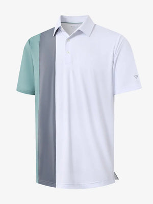 3D view of WHITE Moisture Wicking Color Block Polo Shirt showing fabric and color block design.