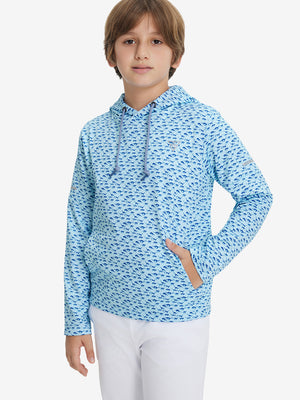 Model front upper body with one hand in pocket, stylish youth full print hoodies pullover in blue dinosaur.