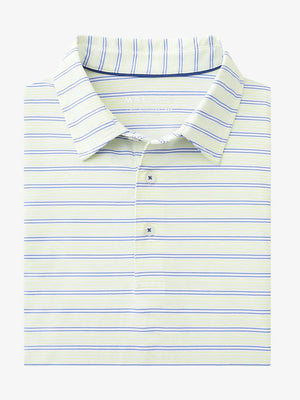 Folded Yellow Bluish Violet Stripe Performance Stripe Golf Shirt displayed flat