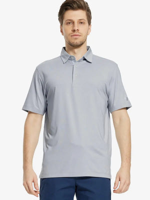 Front half-body view of male model in the Silver Grey Everyday Classic Solid Polo, standing still