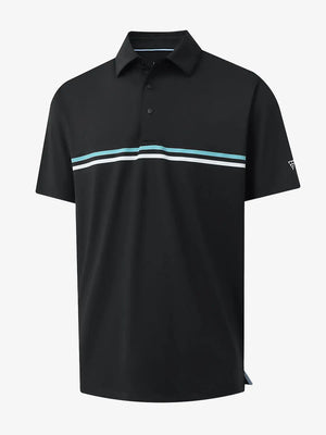 3D view of BLACK Stylish Chest Print Snap Polo showing design and fit