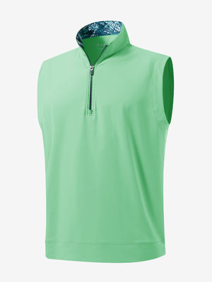 3D front view of the print collar quarter zip golf vest in dark grey, sleek and sporty design.