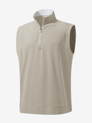 3D front view of the print collar quarter zip golf vest in khaki light, sleek and sporty design.
