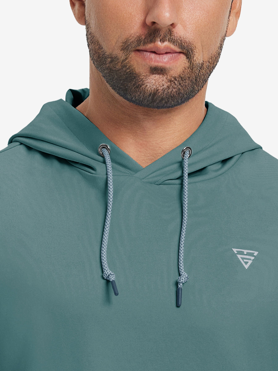Close-up of collar area on casual solid fleece hoodies pullover in ocean green, highlighting neckline detail.