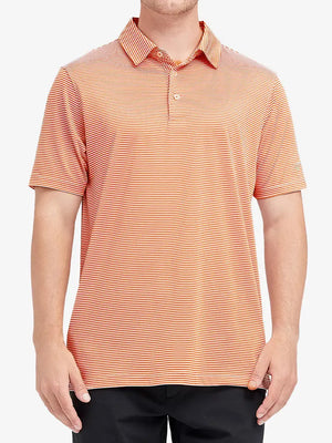 Model wearing Cooling Stripe Golf Shirt in ORANGE STRIPE, half-body front view with relaxed pose