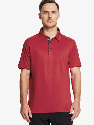 Front half-body view of male model in the Red Everyday Classic Solid Polo, standing still