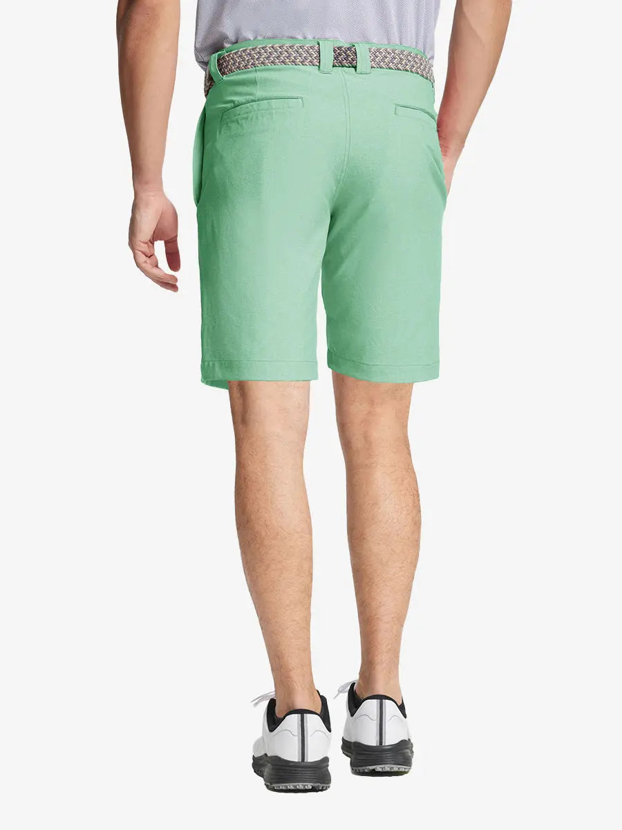 MINT GREEN 9 Inch Heather Performance Golf Shorts back view, model's lower body with hands in pockets