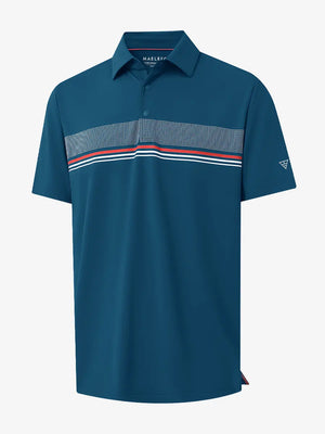3D view of BLUE Stylish Chest Print Snap Polo showing design and fit